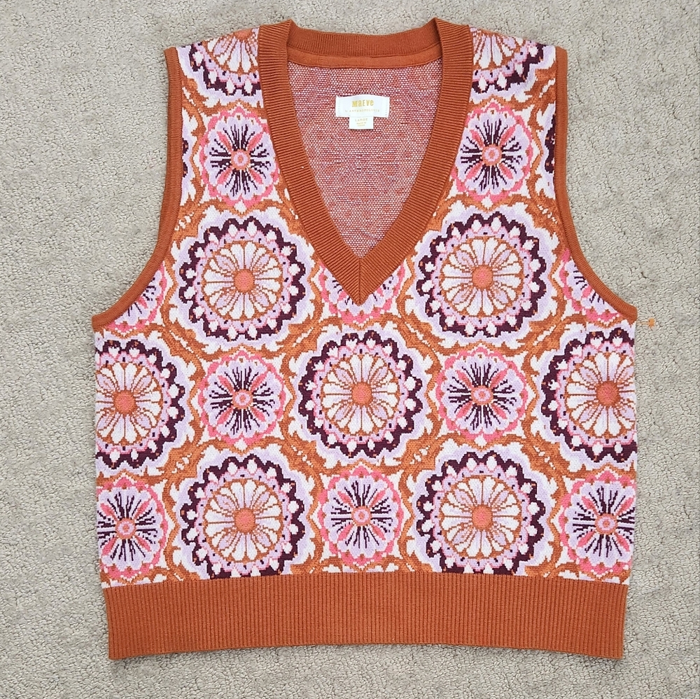 Maeve Anthropologie Jacquard Retro Floral Orange Boho Sweater Vest Large - Picture 2 of 11